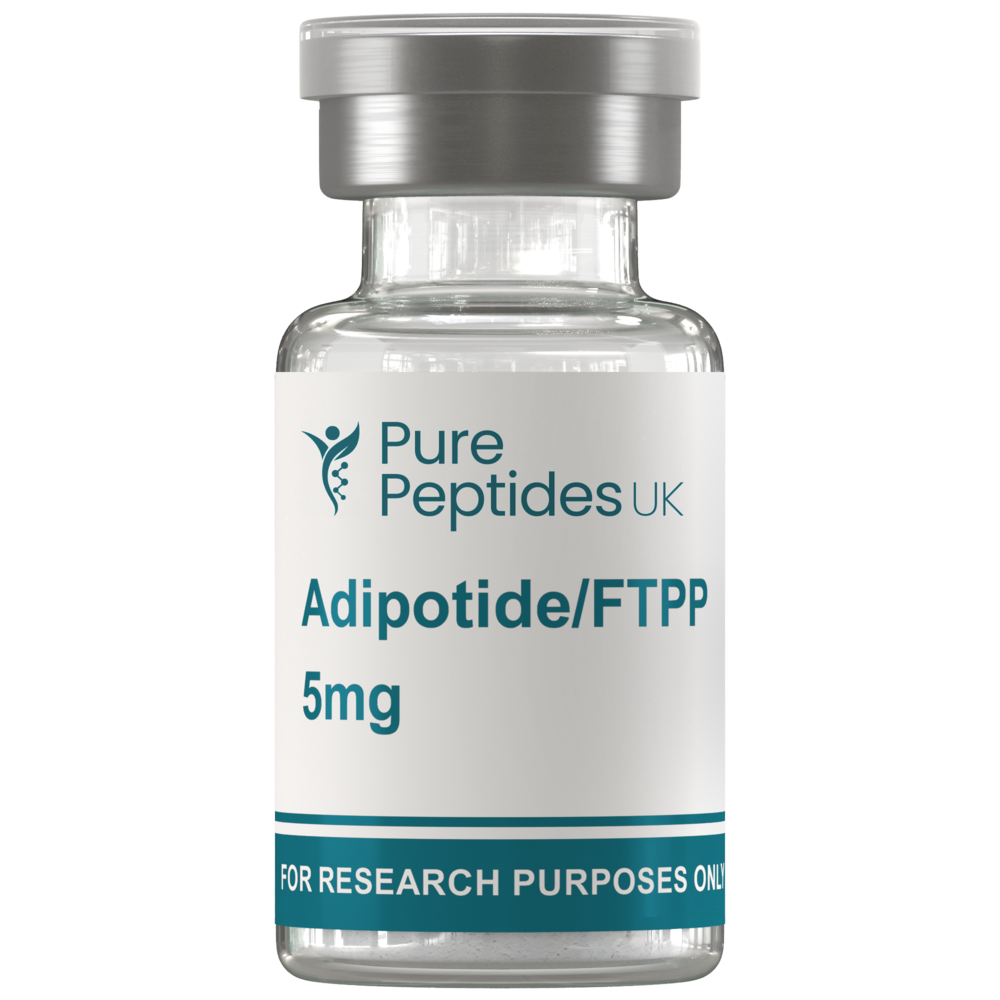 Adipotide (FTPP) – 5mg Adipotide (FTPP), also known as prohibitin-targeting peptide 1, is a synthetic peptidomimetic supplied as a lyophilised powder for research use only. It is designed with a bifunctional structure: a targeting sequence that binds to prohibitin/ANXA2 proteins on blood vessels, and a pro-apoptotic domain (_D(KLAKLAK)_2) that disrupts mitochondrial function. This selective action makes Adipotide a research tool of interest in studies of adipose tissue biology, metabolic regulation, and vascular targeting strategies. Research Focus and Areas of Interest 1. Targeted Fat Tissue Reduction Researchers are investigating Adipotide’s ability to bind endothelial cells in white adipose tissue and induce apoptosis. This targeted mechanism allows study of fat mass reduction via vascular disruption, without direct effects on muscle or organ tissues. 2. Metabolic Regulation Pathways By altering adipose tissue mass, Adipotide may influence glucose handling and insulin response. Research has shown interest in how vascular targeting peptides might intersect with pathways linked to type 2 diabetes and systemic metabolism. 3. Vascular Targeting in Oncology Because prohibitin and related proteins can also appear in tumour blood vessels, Adipotide is being studied as a model for selective angiogenic disruption. This opens a potential pathway for research into cancer vascular biology. 4. Tissue Remodeling and Signaling Laboratory studies often explore Adipotide (FTPP) for its role in tissue remodeling, focusing on signaling pathways that regulate cellular communication and local microenvironments. Conclusion Adipotide (FTPP) represents a unique approach to studying fat tissue biology and targeted vascular disruption. Its design allows exploration of obesity, metabolic health, and oncology pathways in controlled laboratory settings. Supplied strictly for research use only, it is not intended for human or veterinary use. Technical Information: • Synonyms: Adipotide; FTPP; Prohibitin-TP01 •Modified Single-Letter Sequence: CKGGRAKDC-GG-D(KLAKLAK)₂ • IUPAC Condensed Amino Acid Sequence: Cys-Lys-Gly-Gly-Arg-Ala-Lys-Asp-Cys-Gly-Gly-D-Lys-Leu-Ala-Lys-Leu-Ala-Lys-Leu-Ala-Lys • CAS Number: 859216-15-2 • PubChem CID: 163360068 • Further references: PubChem Link Stability, Source, and Handling Stability: Stable for up to 36 months when stored at –20 °C or below, away from light and moisture. Source: Produced via solid-phase peptide synthesis; supplied with Certificate of Analysis (COA) confirming purity and identity. Reconstitution: Reconstitute with Bacteriostatic Water. After reconstitution, aliquot and store at –80 °C to prevent degradation. Usage: Product is prepared for LABORATORY RESEARCH ONLY. Adipotide for sale at Pure Peptides UK is limited to scientific research and education only – Only buy Adipotide if you are a licenced researcher.